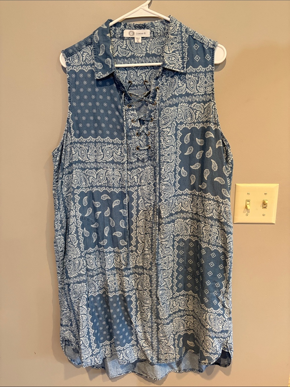 Sleeveless Blue Paisley Lace up Neckline Dress